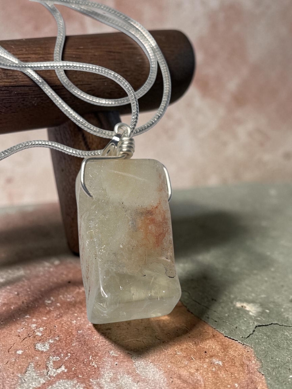 Polished Pale Green and Peach Stone Pendant Necklace - Sterling Silver